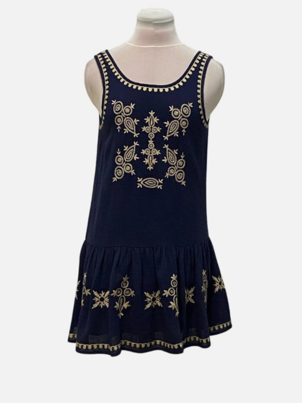 THML Embroidered Lace-Up Drop-Waist Mini Dress Navy Blue Size M